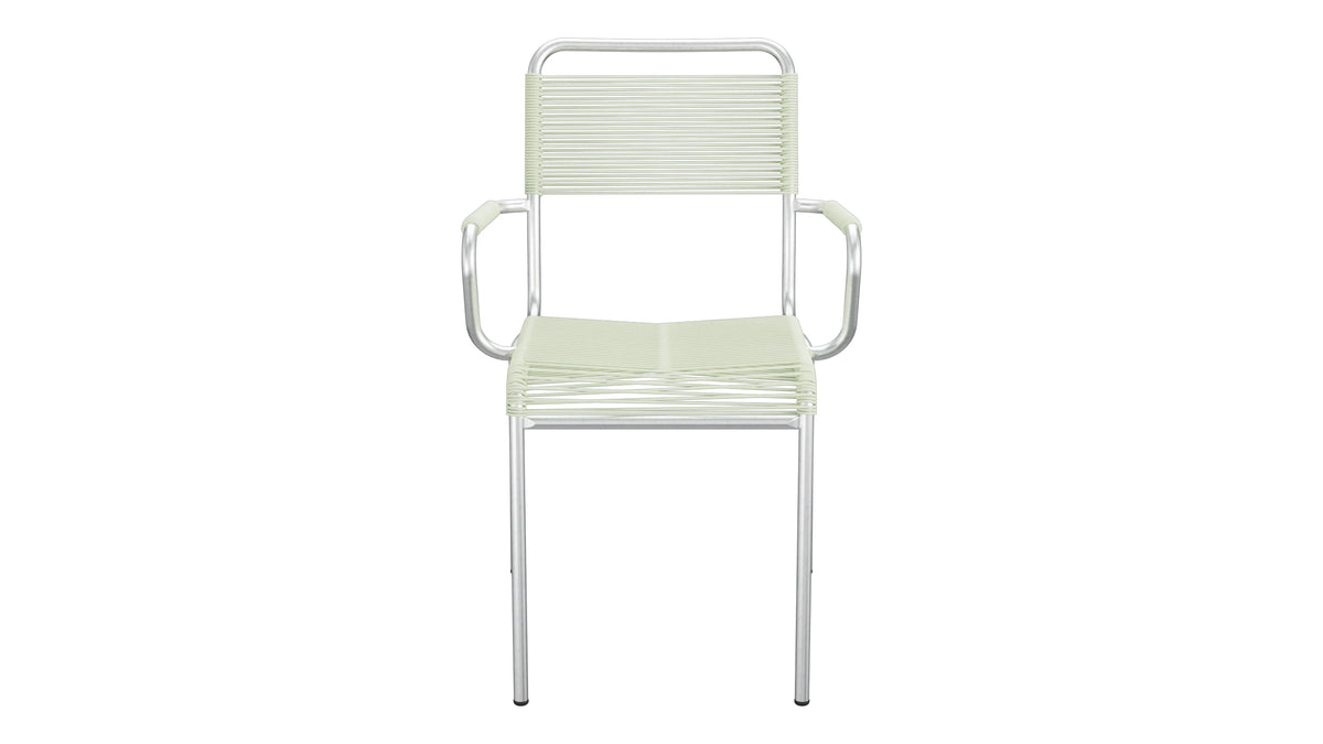 Rigi Spaghetti-Gartenstuhl mit Armlehne in Pastellgrün präsentiert im Onlineshop von KAQTU Design AG. Gartenstuhl mit Armlehnen ist von Schaffner