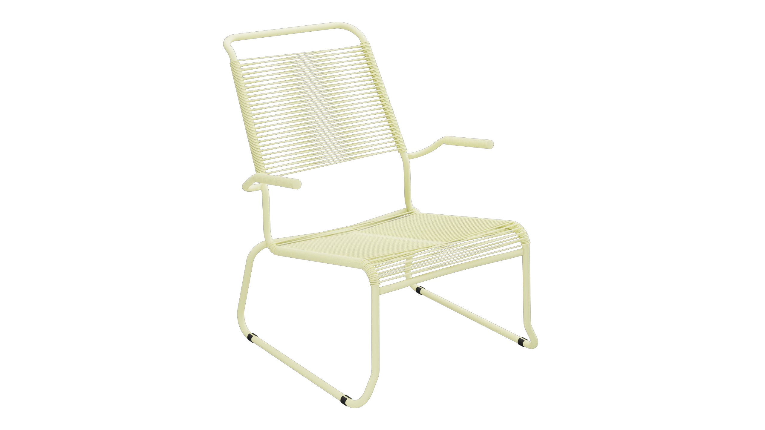 Säntis Spaghetti-Lounger mit Armlehne Hochlehner Kufen in Buchsbaumgelb präsentiert im Onlineshop von KAQTU Design AG. Outdoor-Sessel mit Armlehnen ist von Schaffner