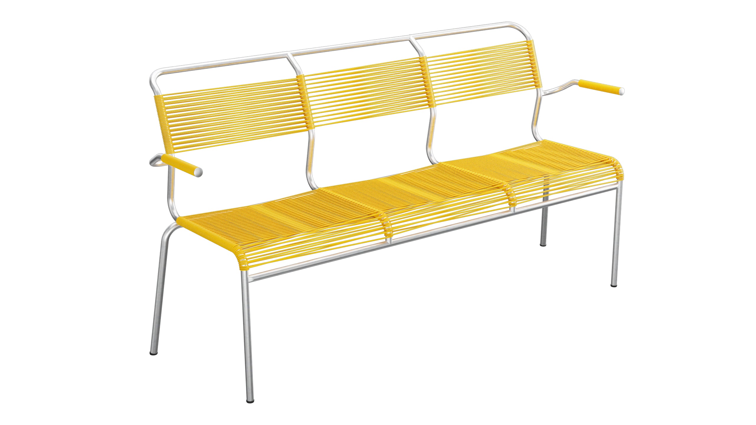 Säntis Spaghetti-3er-Gartenbank mit Armlehne in Gelb präsentiert im Onlineshop von KAQTU Design AG. Gartenbank ist von Schaffner
