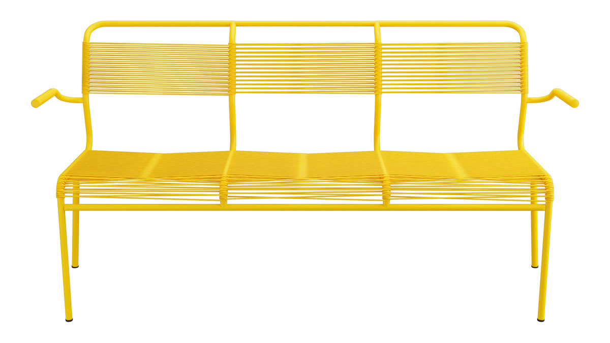 Säntis Spaghetti-3er-Gartenbank mit Armlehne in Gelb präsentiert im Onlineshop von KAQTU Design AG. Gartenbank ist von Schaffner