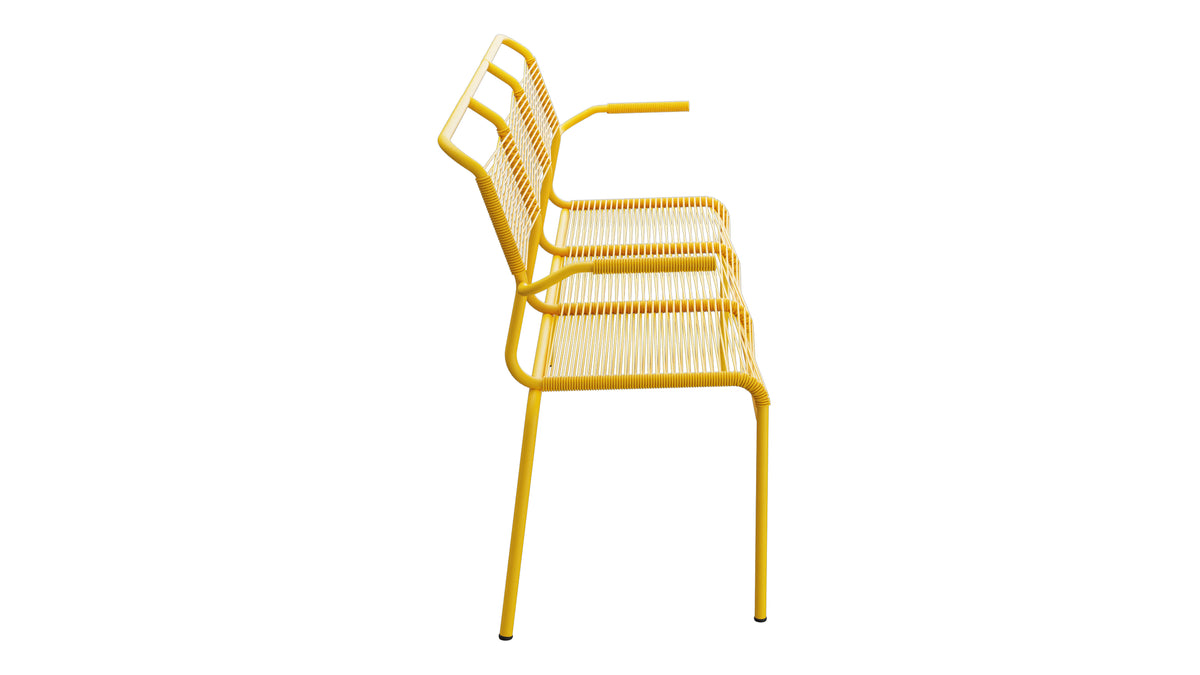 Säntis Spaghetti-3er-Gartenbank mit Armlehne in Gelb präsentiert im Onlineshop von KAQTU Design AG. Gartenbank ist von Schaffner