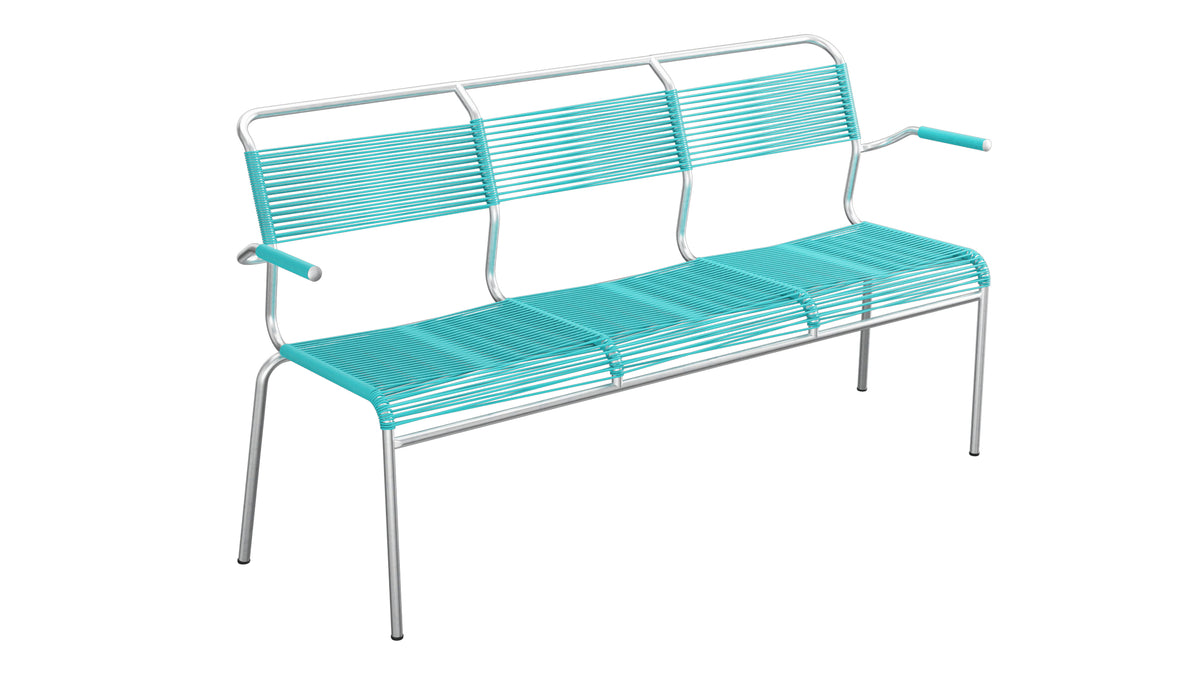 Säntis Spaghetti-3er-Gartenbank mit Armlehne in Türkis präsentiert im Onlineshop von KAQTU Design AG. Gartenbank ist von Schaffner