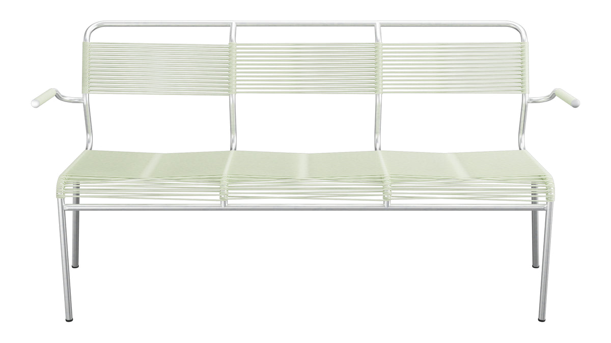 Säntis Spaghetti-3er-Gartenbank mit Armlehne in Pastellgrün präsentiert im Onlineshop von KAQTU Design AG. Gartenbank ist von Schaffner