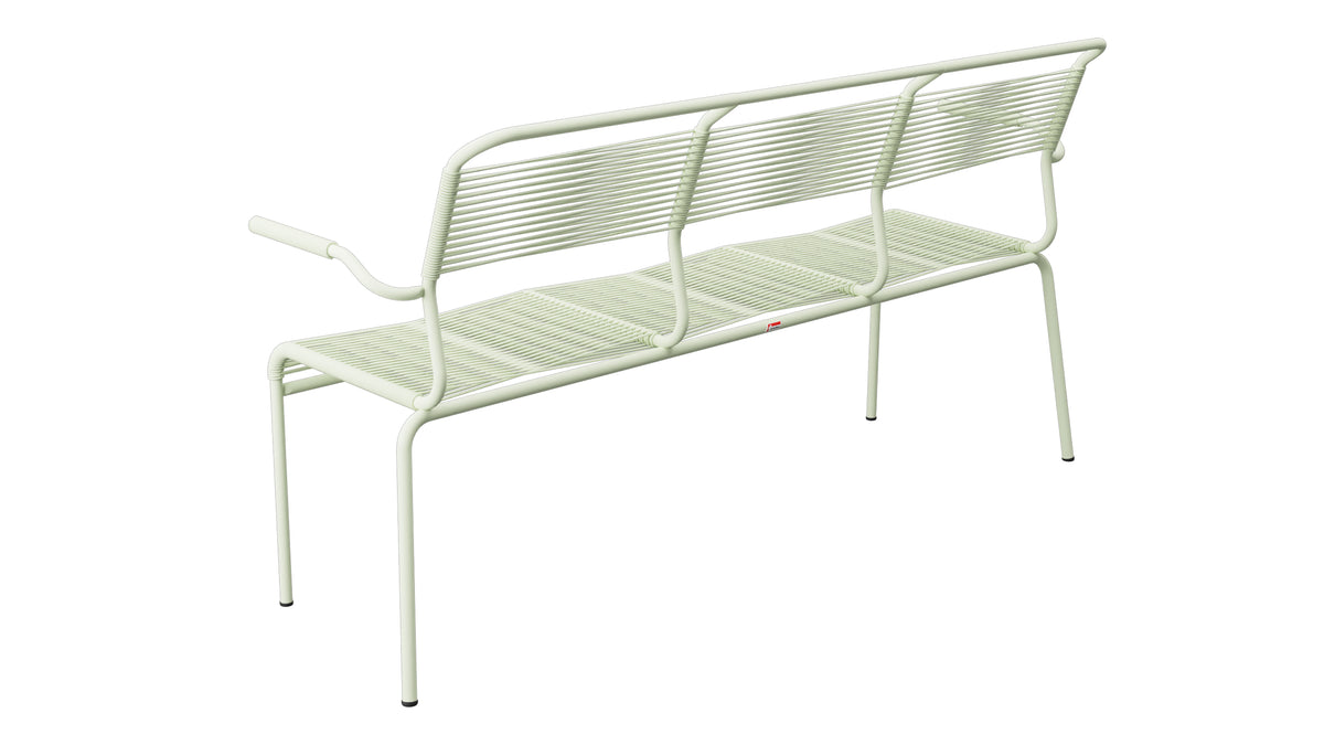 Säntis Spaghetti-3er-Gartenbank mit Armlehne in Pastellgrün präsentiert im Onlineshop von KAQTU Design AG. Gartenbank ist von Schaffner