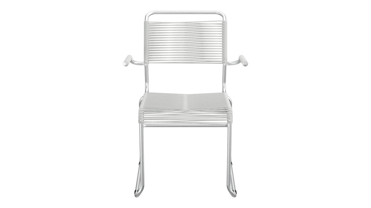 Säntis Spaghetti-Gartenstuhl mit Armlehne Kufen in Alusilber präsentiert im Onlineshop von KAQTU Design AG. Gartenstuhl mit Armlehnen ist von Schaffner
