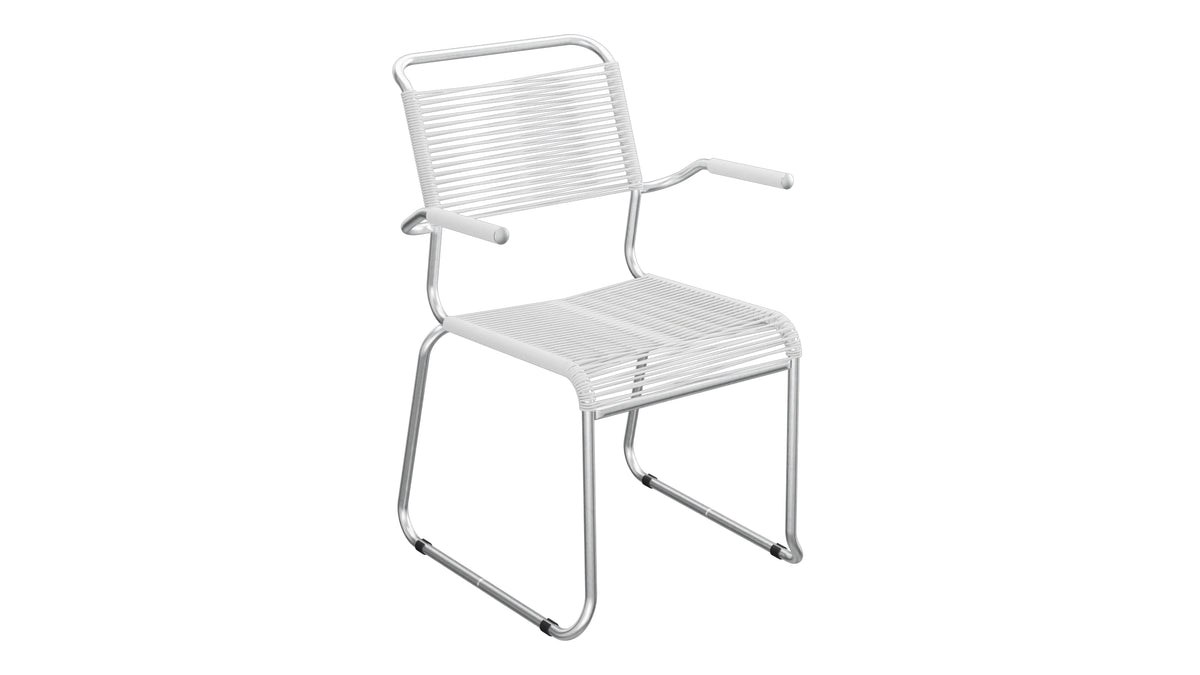 Säntis Spaghetti-Gartenstuhl mit Armlehne Kufen in Weiss präsentiert im Onlineshop von KAQTU Design AG. Gartenstuhl mit Armlehnen ist von Schaffner