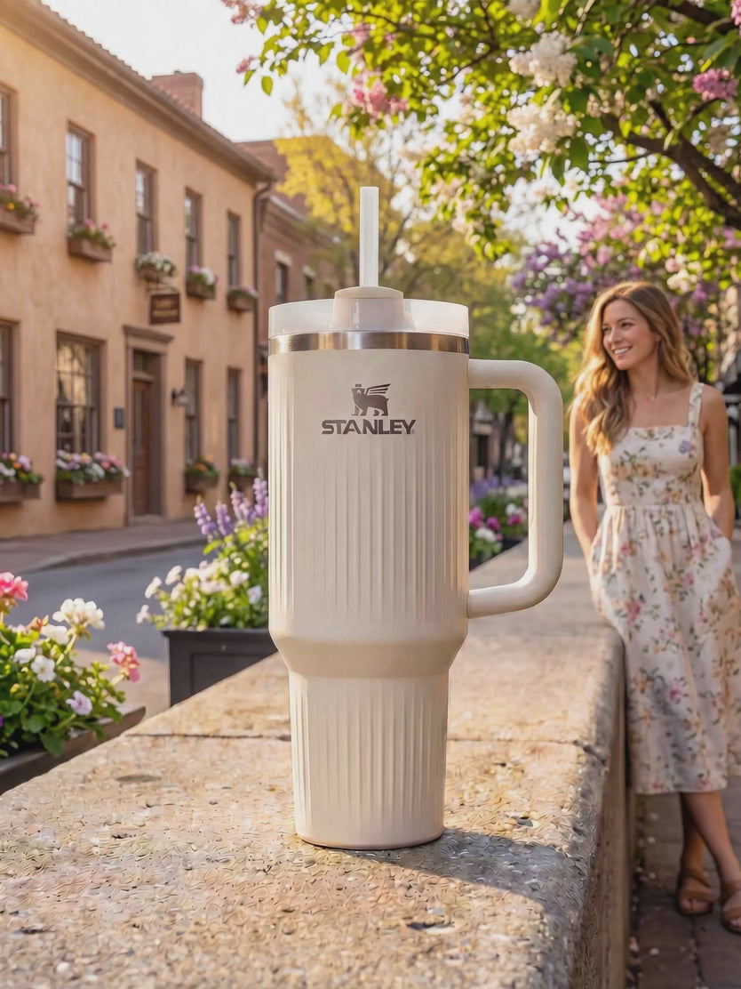 Moderne Stanley Quencher Fluted Thermosflasche in Creme-Glanz, 1,18 l, ideal für Getränke unterwegs und stilvolles Trinken.