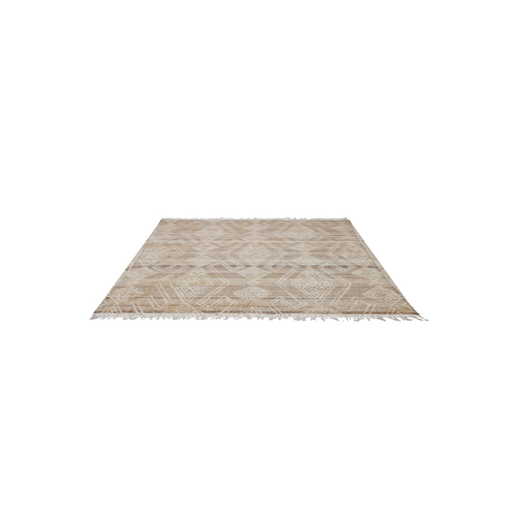 Ein stilvoller, handgefertigter Teppich aus Jute und Wolle, der mit natürlichen Farben und Fransen jeden Raum verschönert.