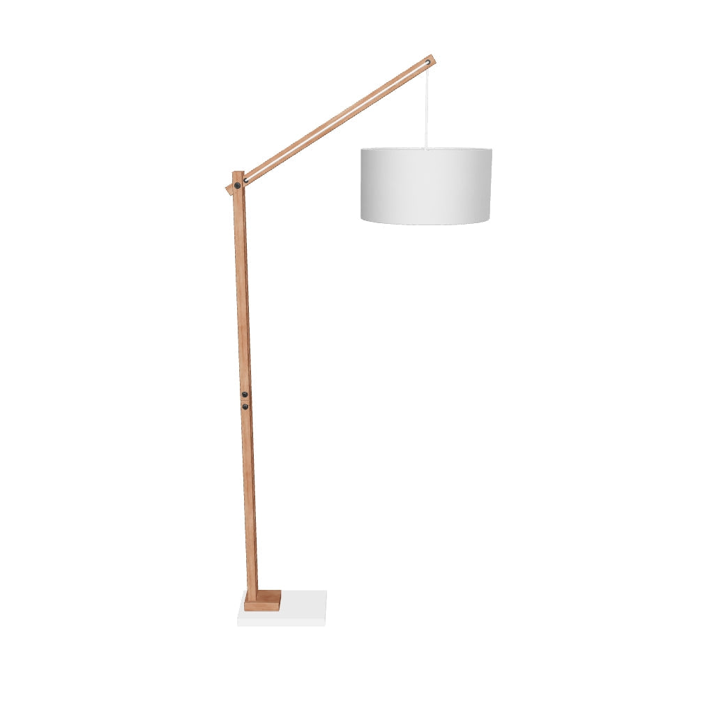 3D-Modell der Stehlampe Riaz: Massives Buchenholz, weißer Schirm, modernes Design, langlebig, vielseitig einsetzbar.