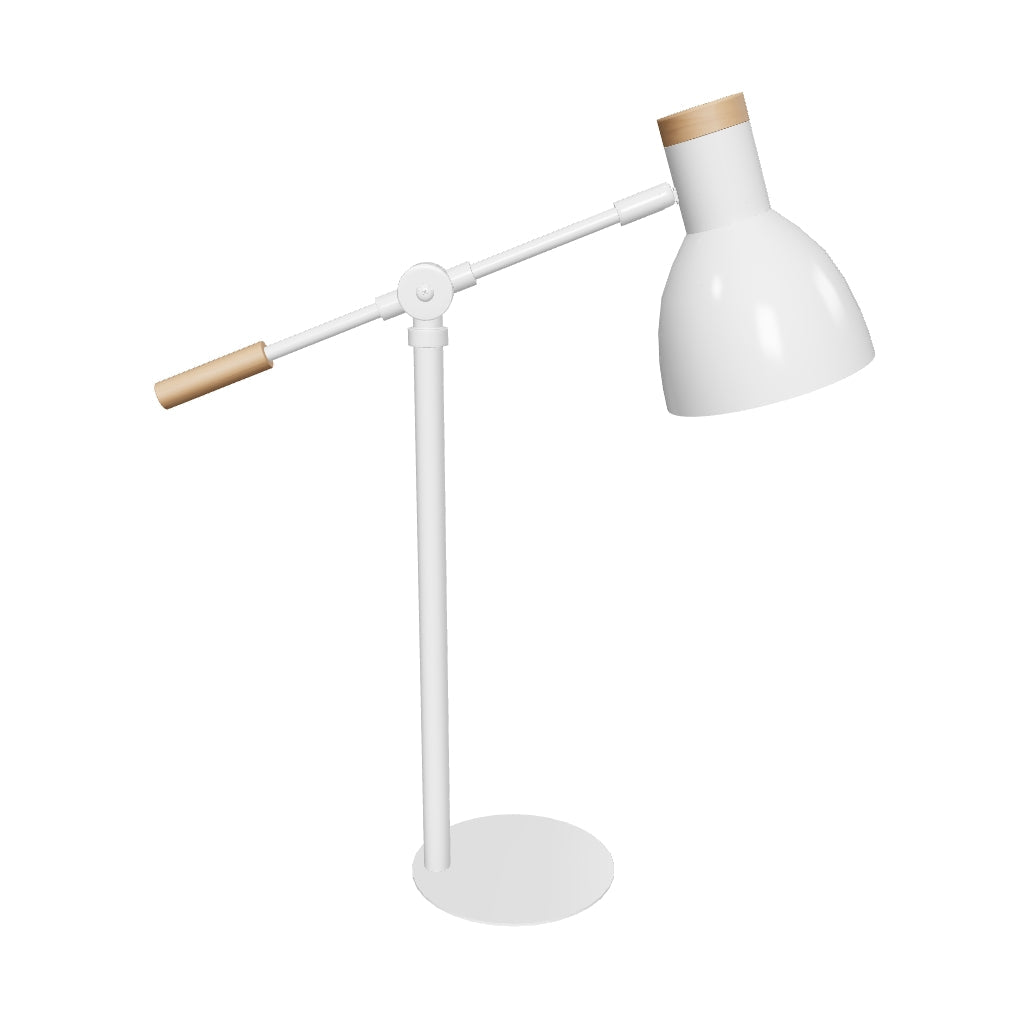 3D-Modell der Tescarle Tischlampe: Weiß, Stahl und Buchenholz, flexibler Arm, E14-Fassung, modernes Design.