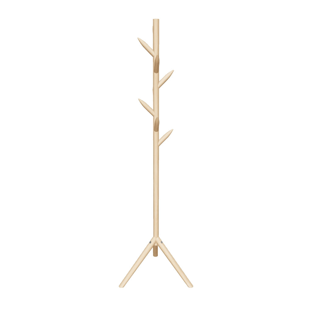 3D-Modell der Natane Garderobe aus Birkenholz, 163 cm, mit abnehmbaren Haken, elegant und funktional.