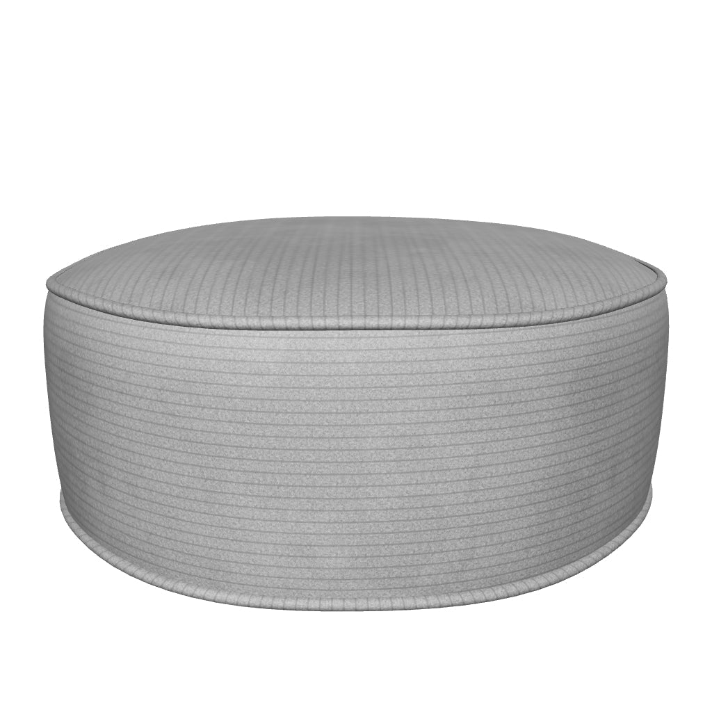Grauer Cord-Pouf Ø 70 cm, stilvoll und bequem, ideal für Wohn- oder Schlafzimmer, vielseitig und mobil.