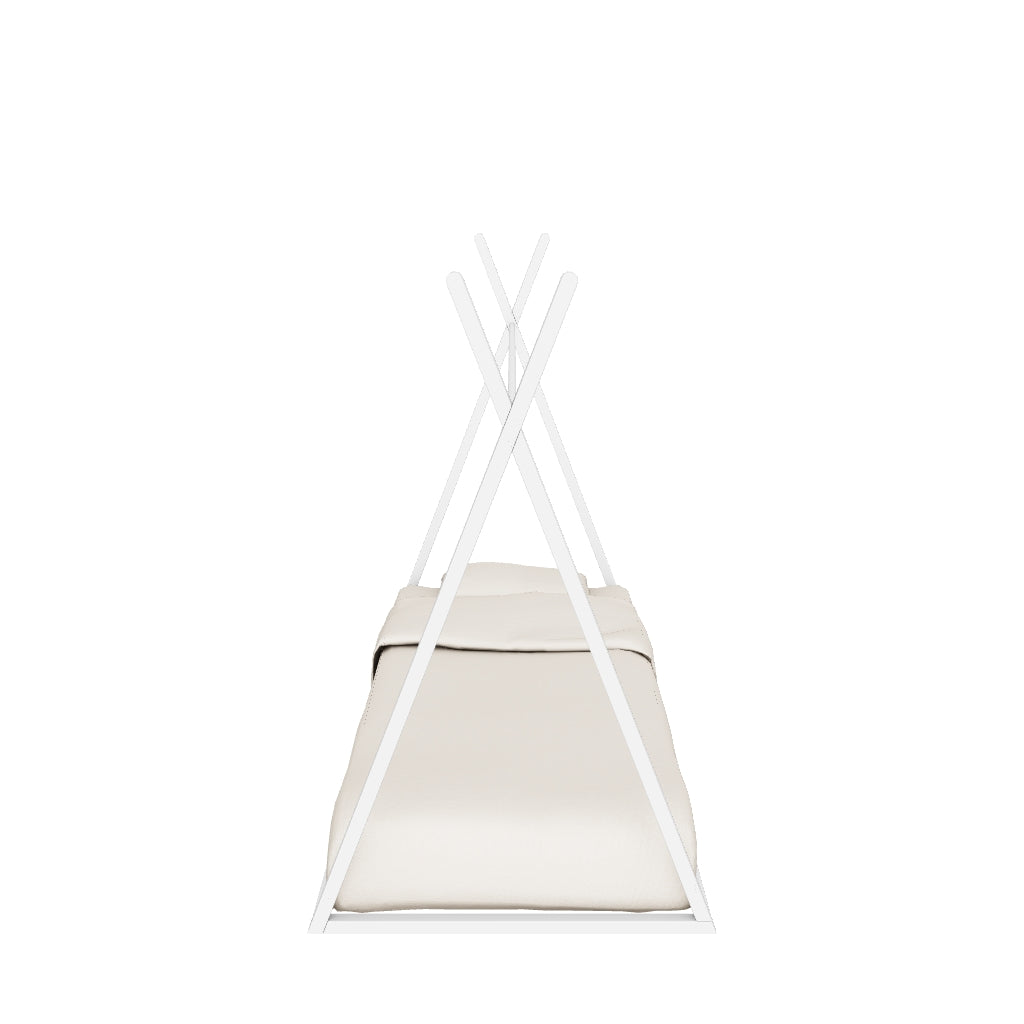 Tipi-Bett aus hochwertiger massiver Buche mit weißem Finish, passend für eine 90 x 190 cm Matratze, ideal für ein modernes und spielerisches Kinderzimmer.