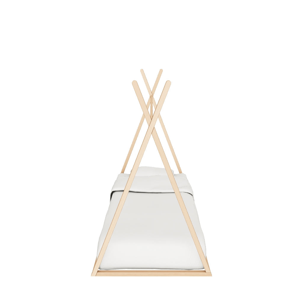 Tipi-Bett aus robustem Buchenholz mit natürlichem Finish, passend für eine 90 x 190 cm Matratze, ideal für ein gemütliches und stilvolles Kinderzimmer.