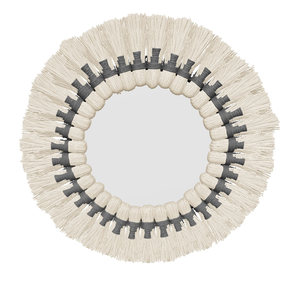 Runder Wandspiegel Akila mit Rahmen aus grünen Naturfasern und Aufhängung aus schwarzer Baumwollkordel, Durchmesser 40 cm.