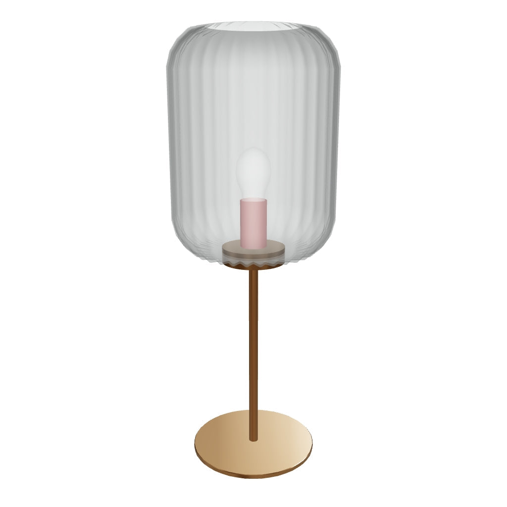 Tischlampe Hestia aus Metall mit glänzendem Messing-Finish und rauchgrauem Glas, modernes Design für eine elegante Raumbeleuchtung.