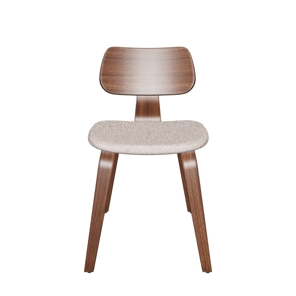 Stuhl Gena in Beige mit weicher Chenille-Sitzfläche, elegantem Nussbaumfurnier und stabilem Kautschukholzrahmen – modernes Design für stilvolle Räume.