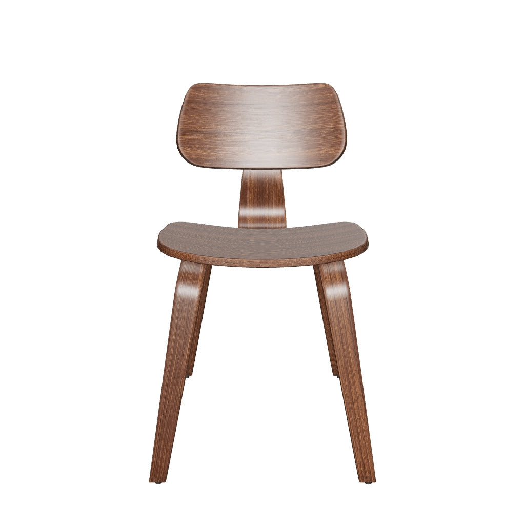 Stuhl Gena aus hochwertigem Nussbaumfurnier und robustem Kautschukholz mit elegantem, modernem Design.