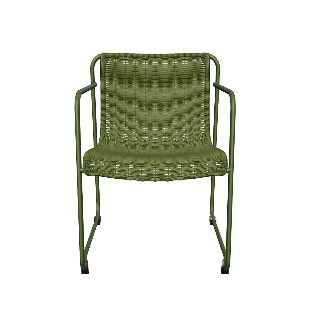 Grüner Stuhl Maurina aus verzinktem Stahl mit geflochtenem grünem Seil, modernes Design, robust und wetterbeständig, perfekt für Außenbereiche.