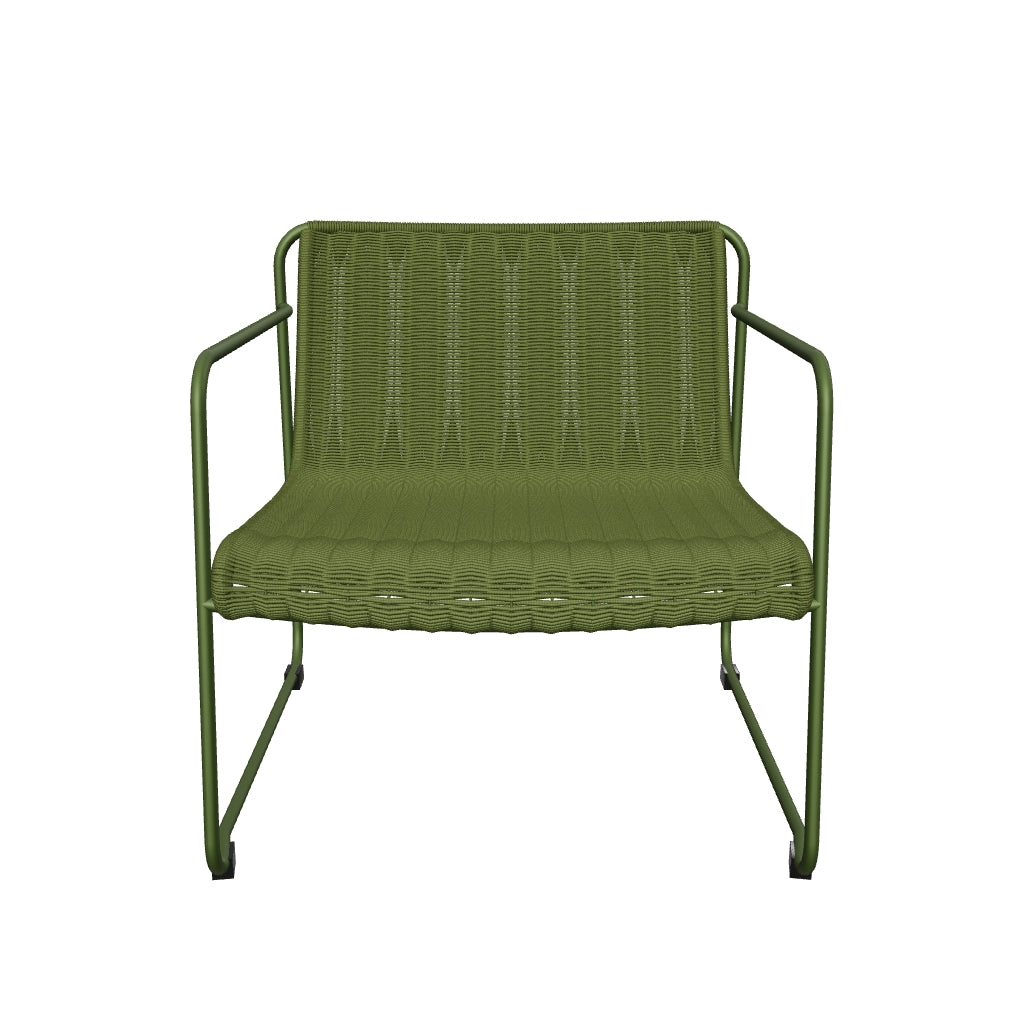 Moderner Outdoor-Sessel Maurina aus grünem, verzinktem Stahl mit geflochtenem grünem Seil, robust und stilvoll für Garten oder Terrasse.