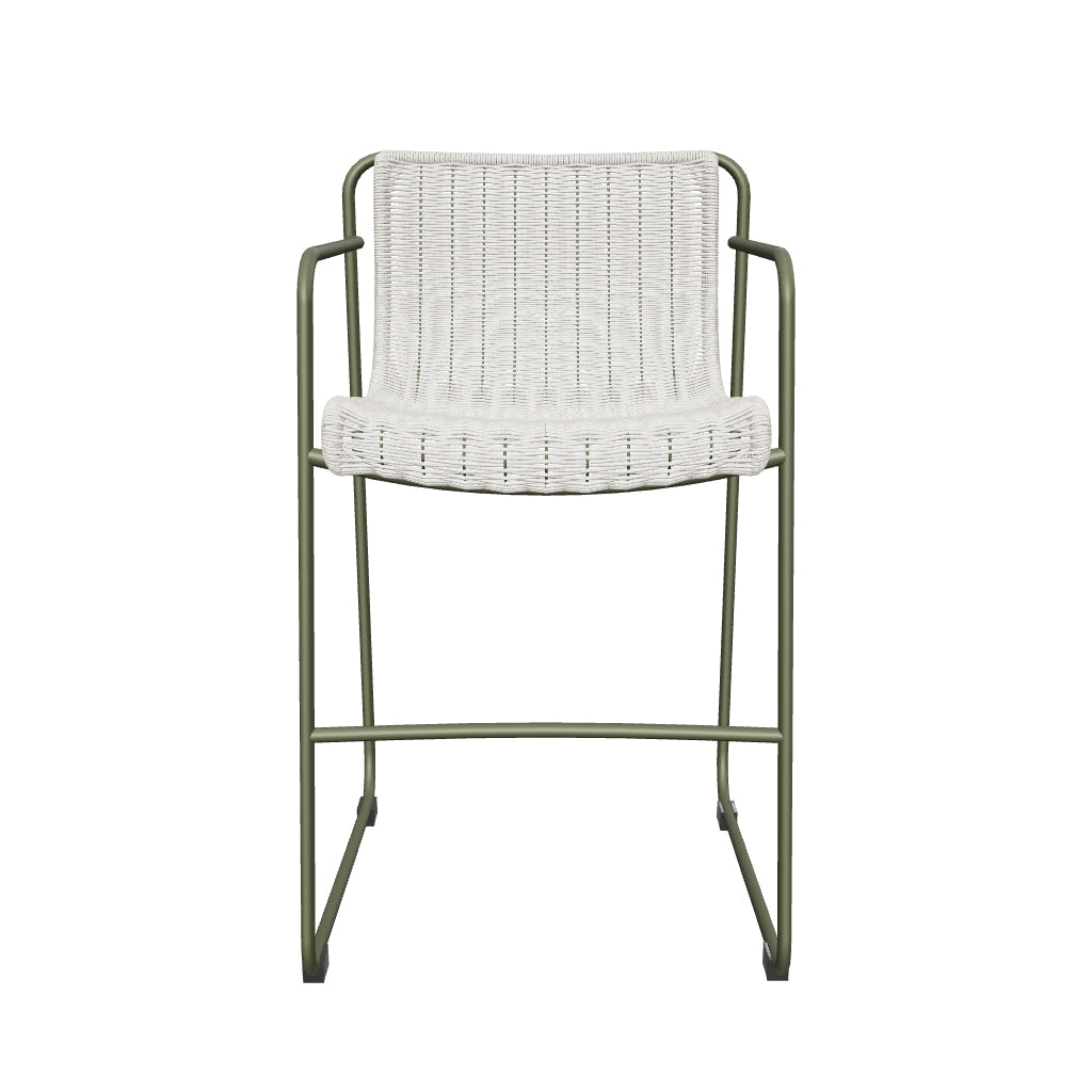 Hocker Maurina aus grünem Stahl mit écrufarbenem und grauem Seilgeflecht, 64,5 cm hoch, modernes und robustes Design für den Außenbereich.