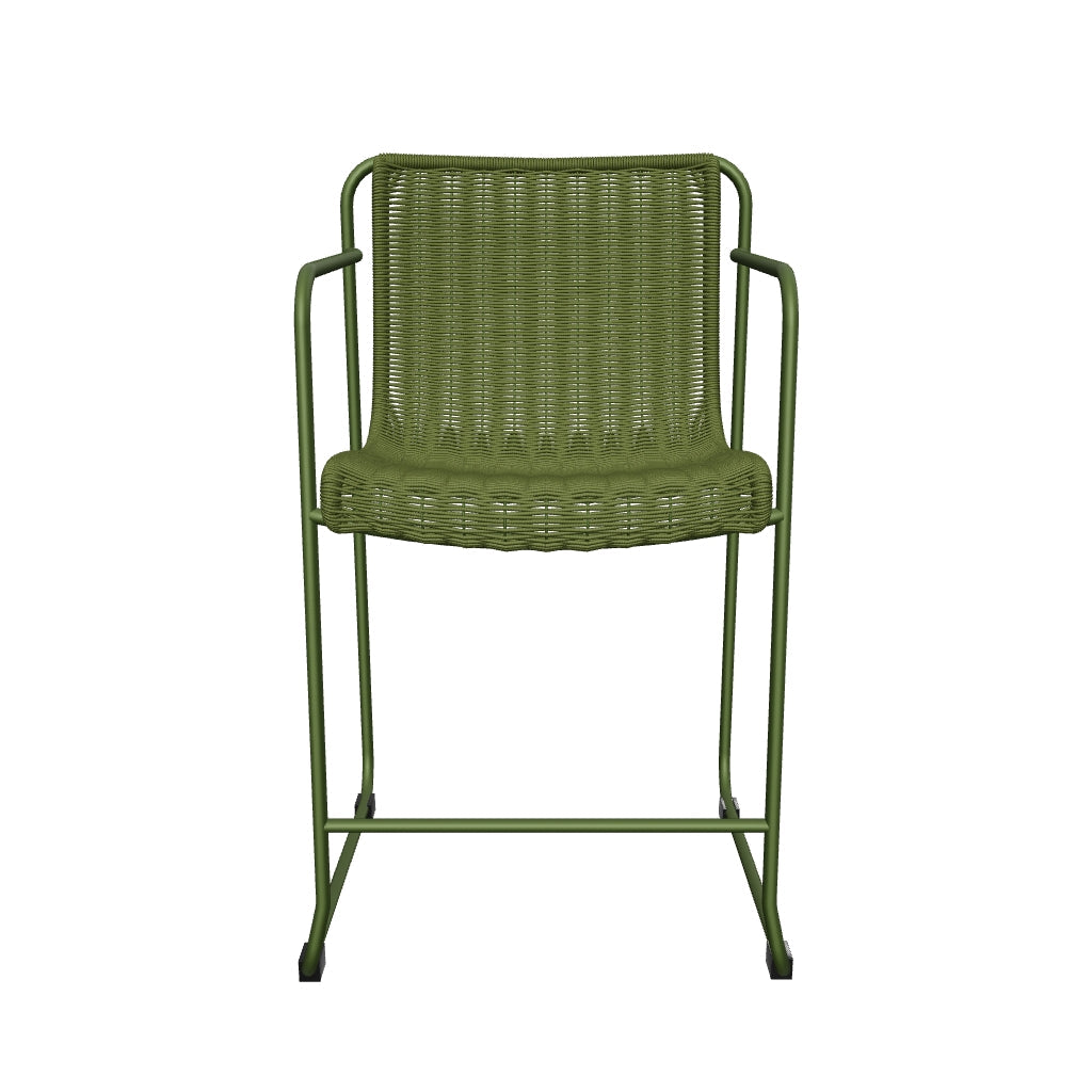 Hocker Maurina aus grünem Stahl mit geflochtenem grünem Seil, ideal für den Außenbereich, 64,5 cm hoch.