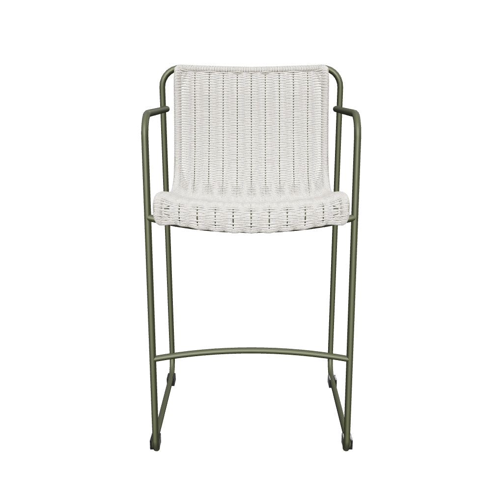 Hocker Maurina aus grün verzinktem Stahl mit écrufarbenem und grauem Seilgeflecht, 74,5 cm hoch, modernes Design für den Außenbereich.