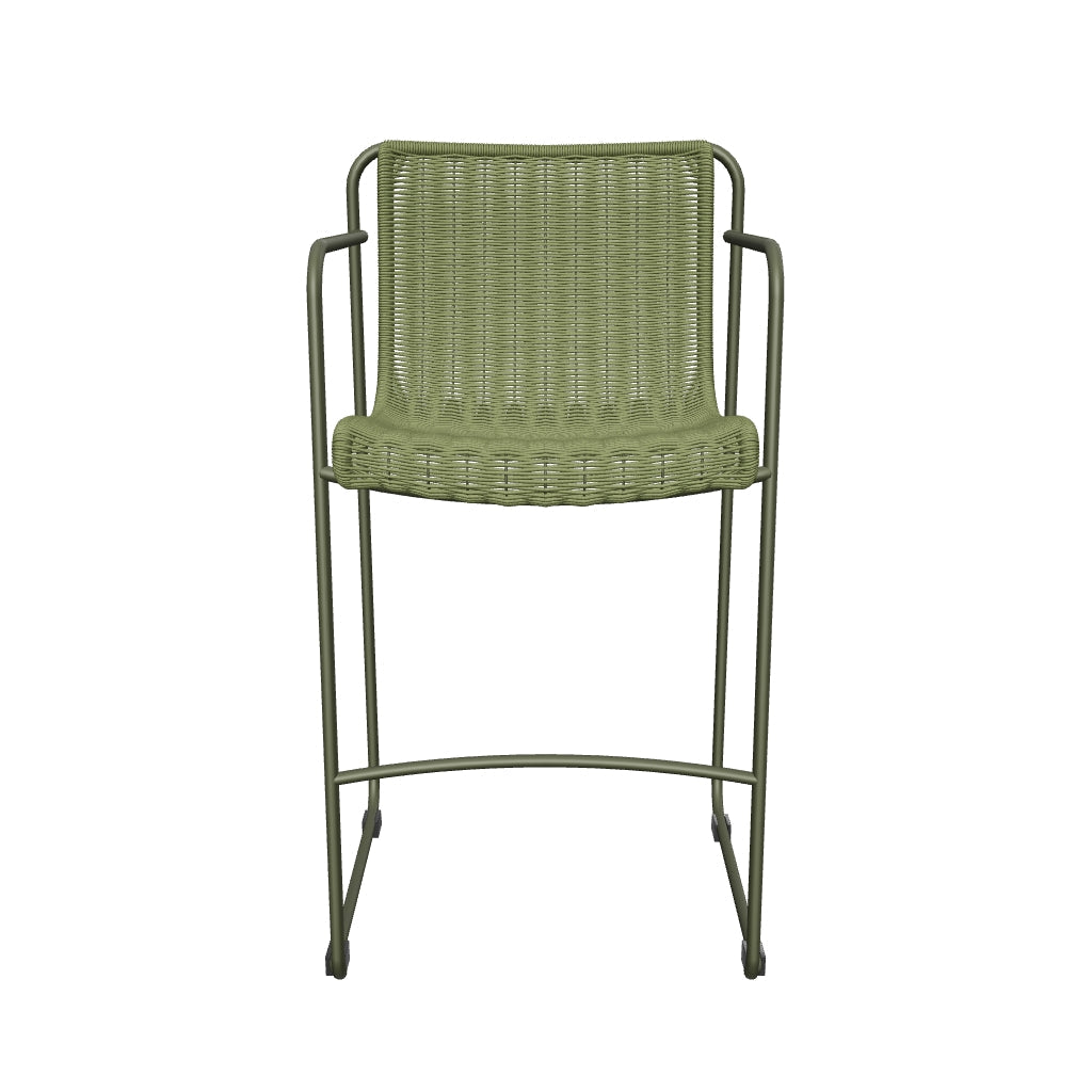 Stapelbarer Hocker Maurina aus grünem, verzinktem Stahl mit geflochtenem grünem Seil, 74,5 cm hoch, modernes Design für Außenbereiche.