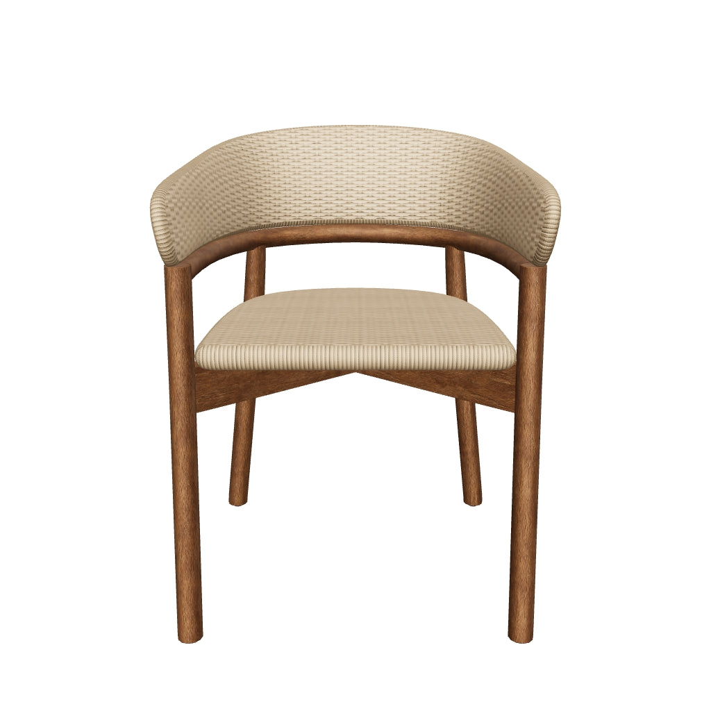 Stuhl aus massivem Akazienholz mit natürlichem Finish und handgeflochtenem beigem Seil, perfekt für ein modernes und warmes Ambiente.
