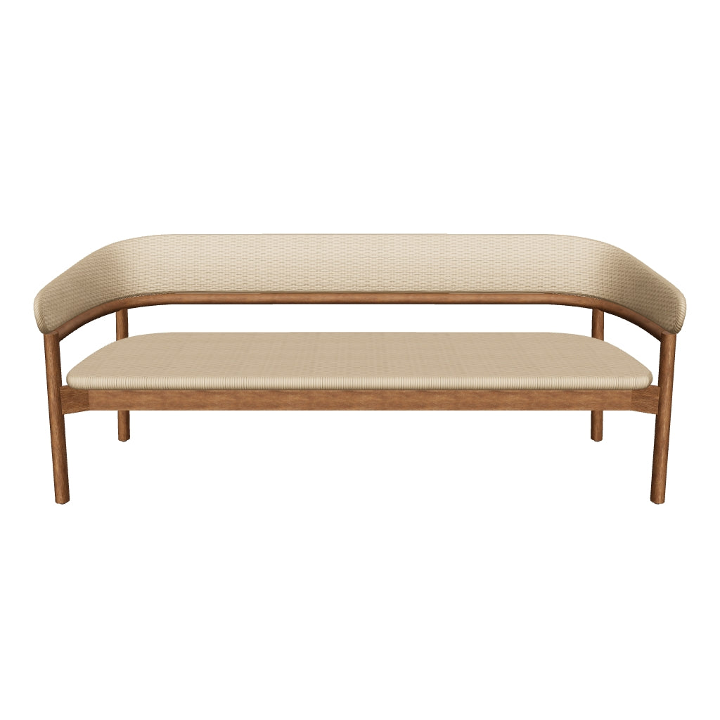 3-Sitzer-Sofa aus robustem Akazienholz mit natürlichem Finish und beigen Polstern, perfekt für eine stilvolle und gemütliche Einrichtung.