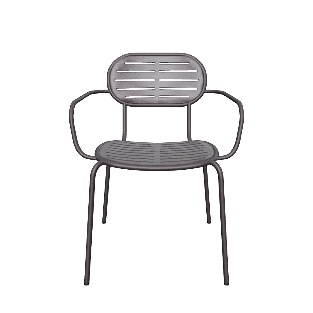 Stapelbarer Outdoor-Stuhl mit Armlehnen aus dunkelgrauem, verzinktem Stahl, modernes Design, wetterfest, langlebig und ideal für Terrassen oder Gärten.