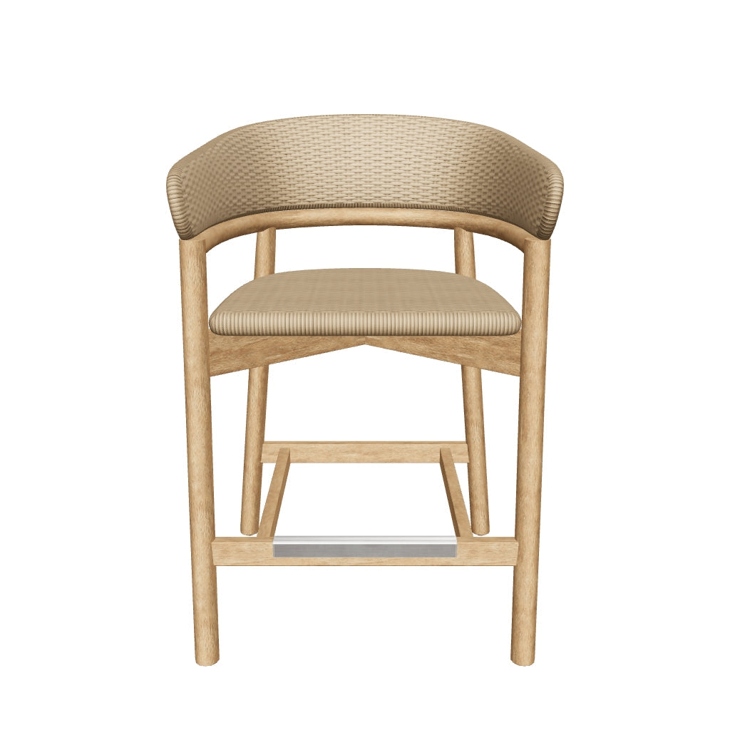 Hocker Arinella aus langlebigem Akazienholz mit natürlichem Finish und handgeflochtenem beigem Seil, ideal für eine stilvolle und gemütliche Einrichtung.