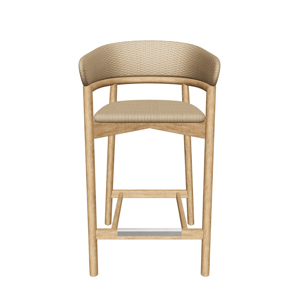 Hocker Arinella aus langlebigem Akazienholz mit natürlichem Finish und handgeflochtenem beigem Seil, ideal für eine stilvolle und gemütliche Einrichtung.