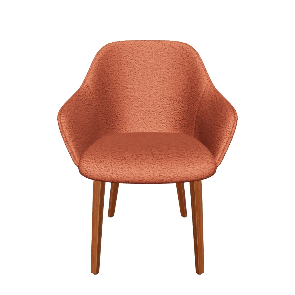 Stuhlmodell Aleli mit terrakottafarbenem Bouclé-Stoff und Beinen aus massivem Eschenholz mit edlem Nussholz-Finish.