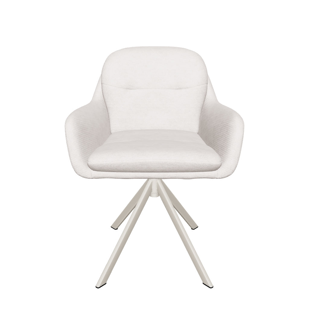 Drehstuhl Lexa aus weicher beigefarbener Chenille mit stabilen Stahlbeinen in passendem Beige, modernes Design für vielseitige Wohn- und Arbeitsbereiche.