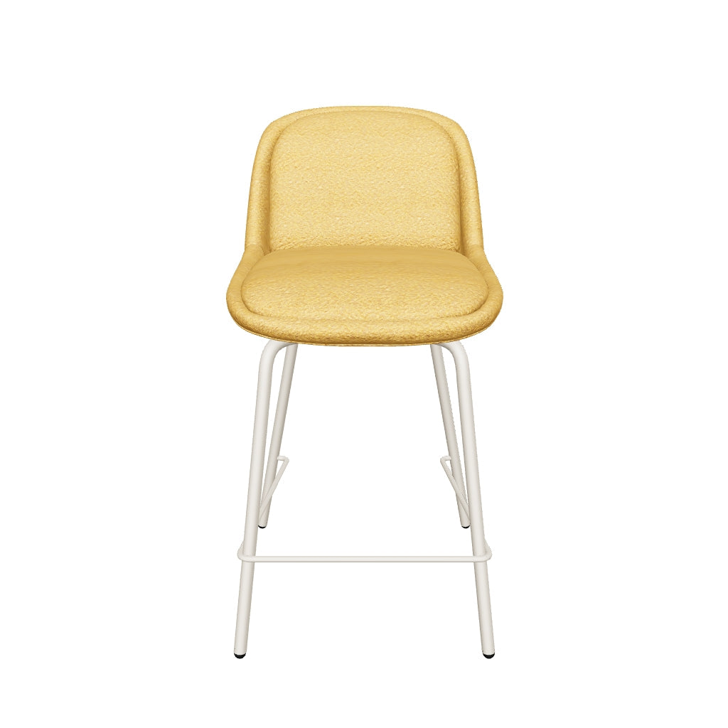 Hocker mit senfgelbem Bouclé-Stoffbezug und beigen Stahlbeinen mit Lackfinish, 65 cm hoch, modernes Design mit FSC-zertifizierten Materialien.