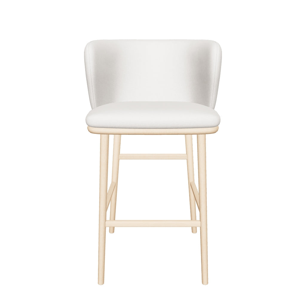 Hocker Ciselia aus beigem Chenille-Stoff und massivem Eschenholz mit natürlichem Finish, 65 cm hoch, nachhaltig und elegant designt.