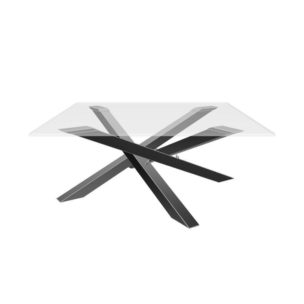 Moderner Couchtisch Kamido mit quadratischer Glasplatte und glänzenden verchromten Stahlbeinen, 90 x 90 cm, perfekt für ein zeitgemäßes Wohnambiente.