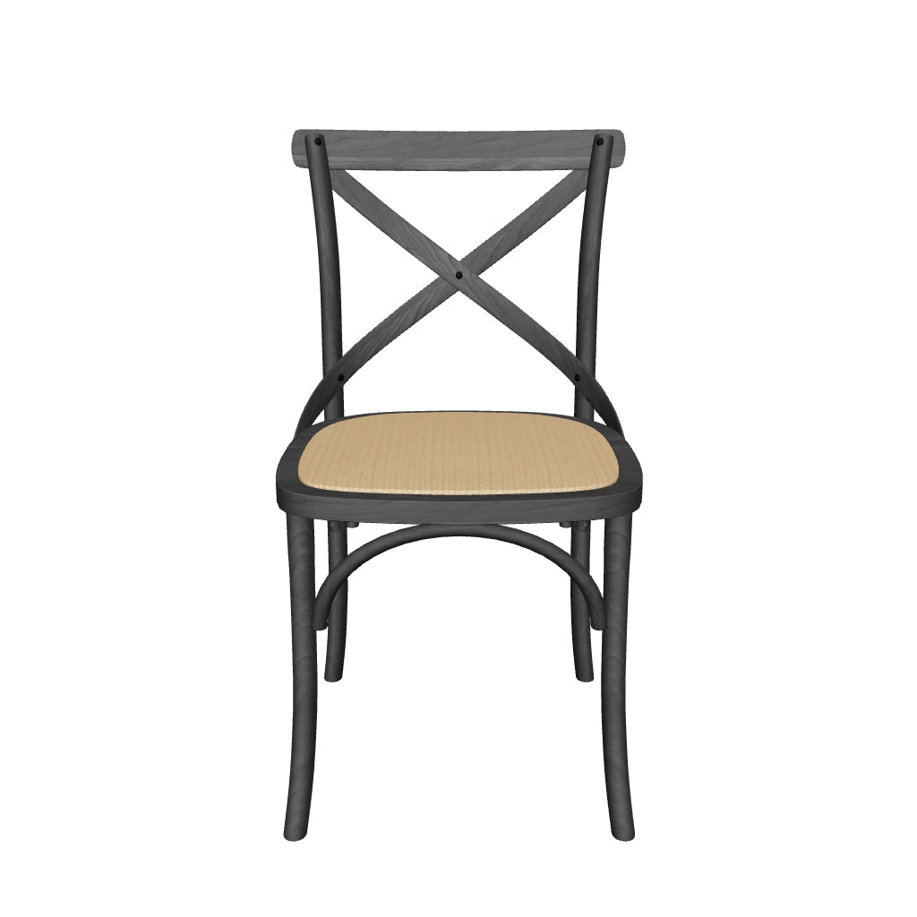 Massiver Stuhl aus Birkenholz mit elegantem schwarzem Lackfinish und geflochtenem Rattansitz.