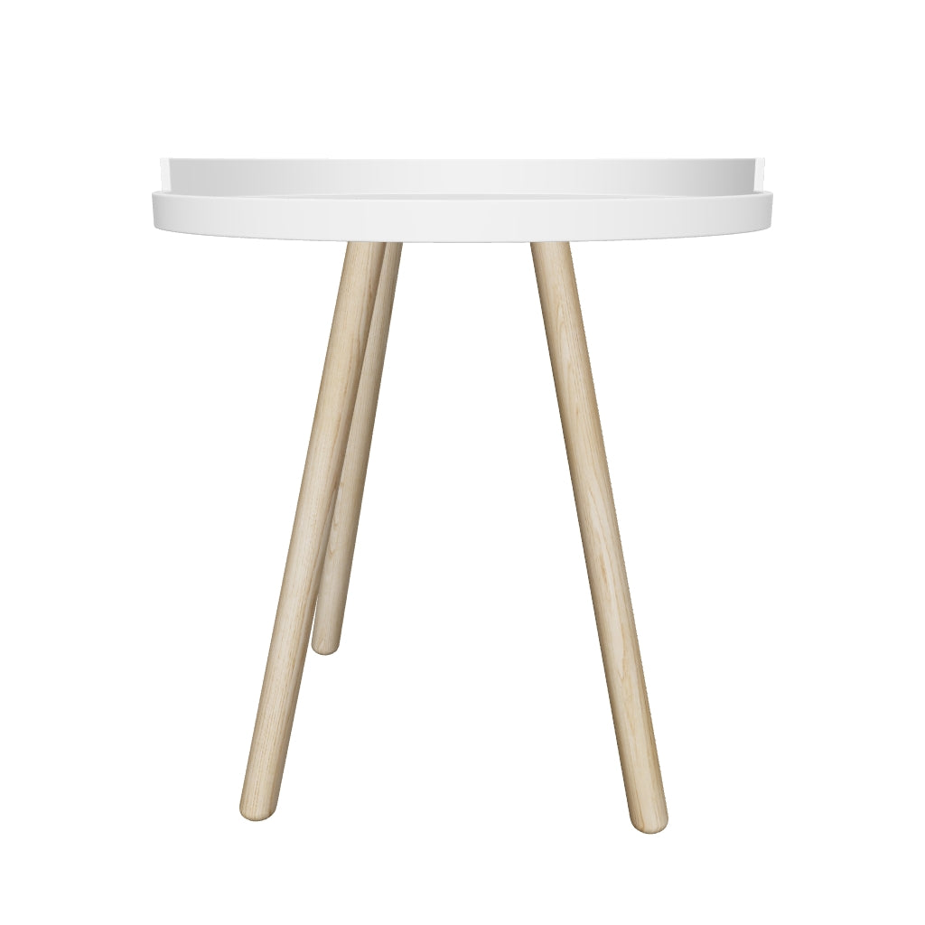 3D-Modell des eleganten weißen Kurb Beistelltischs, Ø 46 cm, mit robuster Kautschukholz-Basis, ideal für modernes Wohnen.
