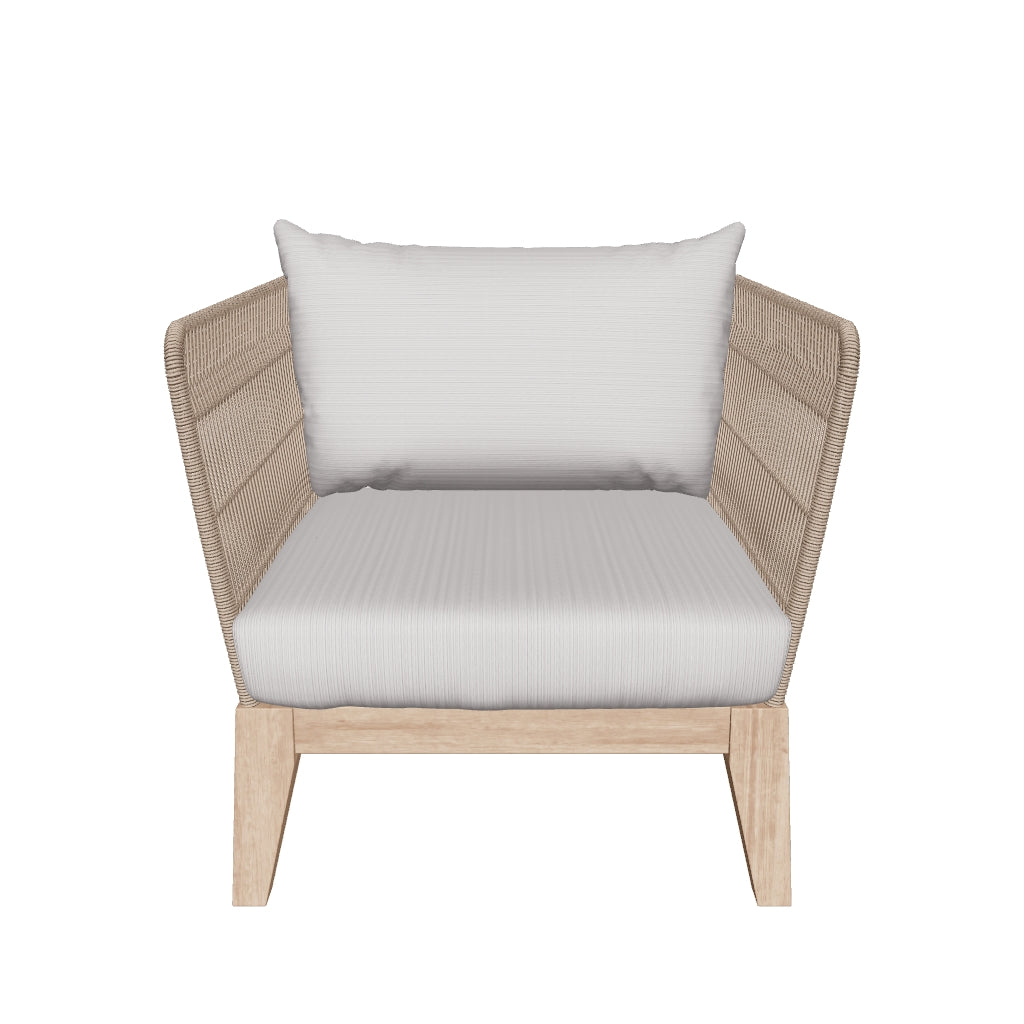 3D-Modell eines stilvollen Belleny Sessels aus beigem Seil und Akazienholz, ideal für Garten und Terrasse.