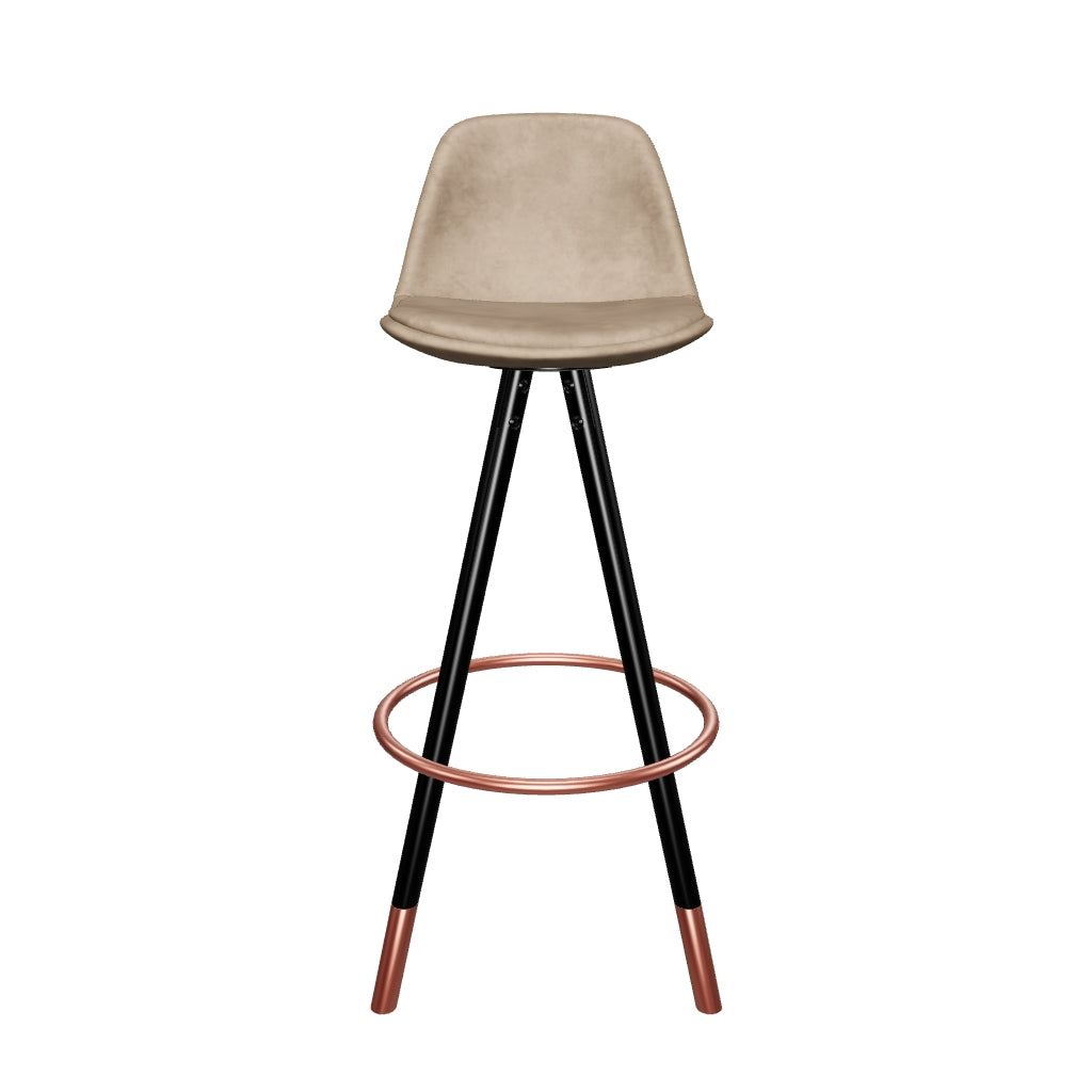 Barhocker mit braun gepolstertem Sitz und schwarzen Beinen aus Buchenholz, 75 cm hoch, passend für stilvolle Bar- oder Kücheneinrichtungen.