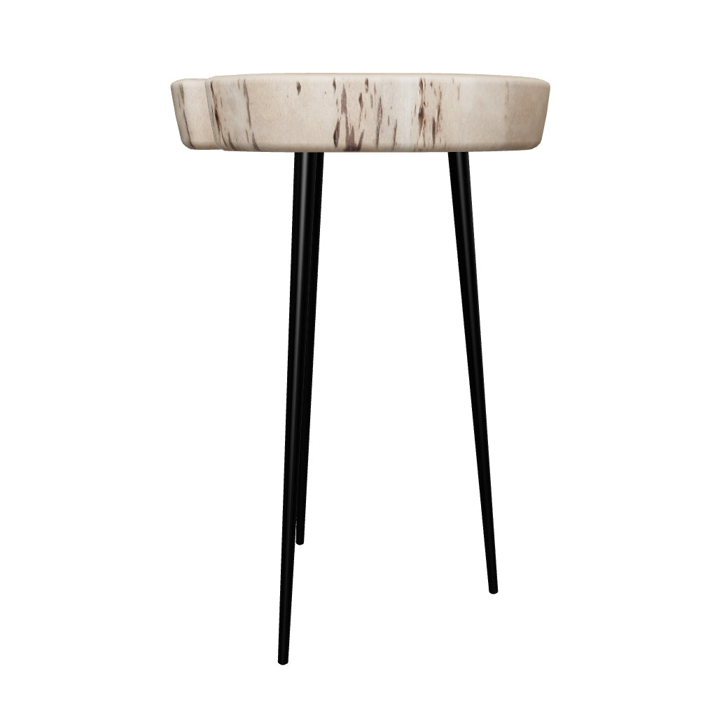 Runder Eider Beistelltisch mit 35 cm Durchmesser, gefertigt aus Akazienholz und schwarzem Stahlgestell, minimalistisches Design.