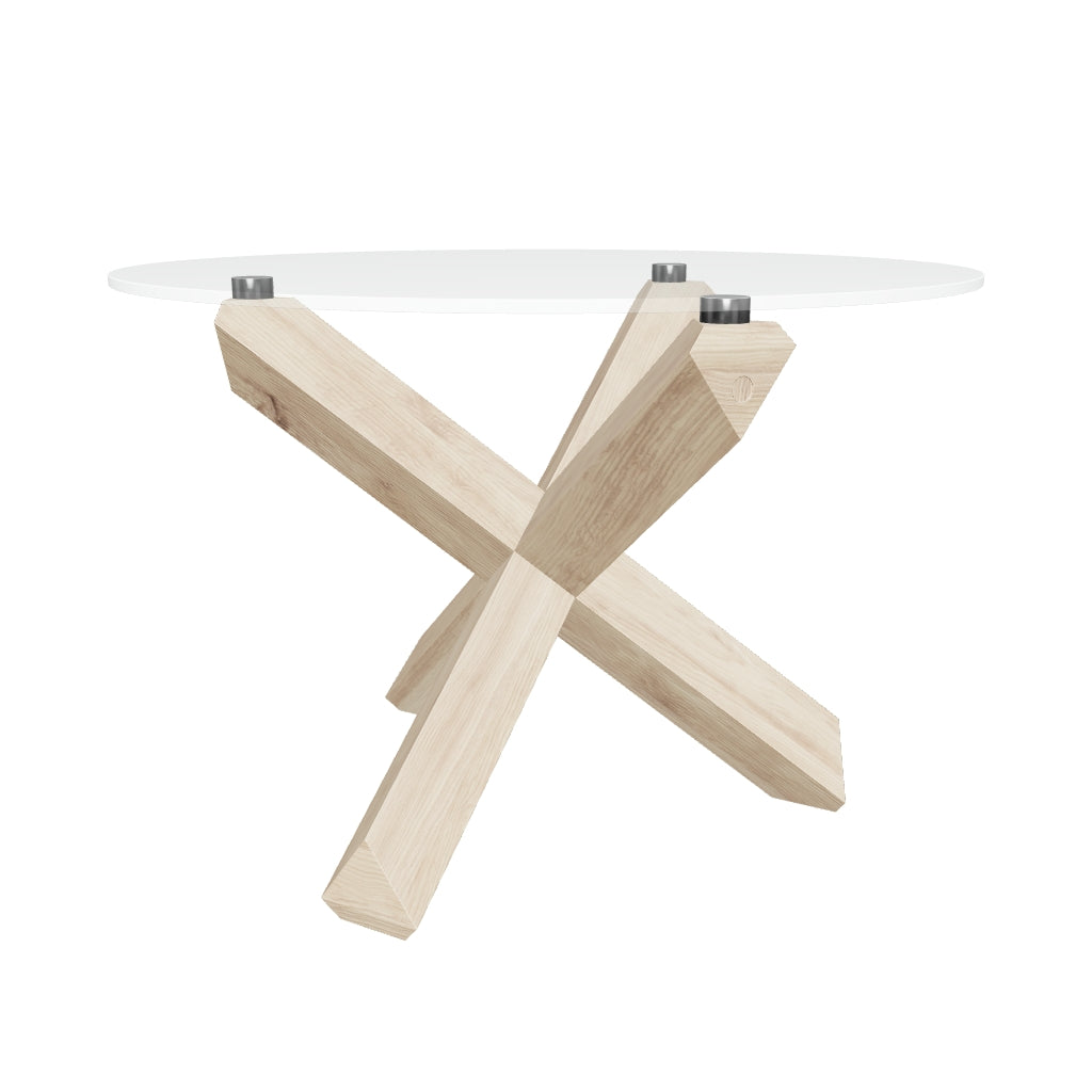 3D-Modell: Lotus Couchtisch, Ø 65 cm, Glasplatte, Eichenholzbeine, modern, robust, ideal für stilvolle Wohnräume.