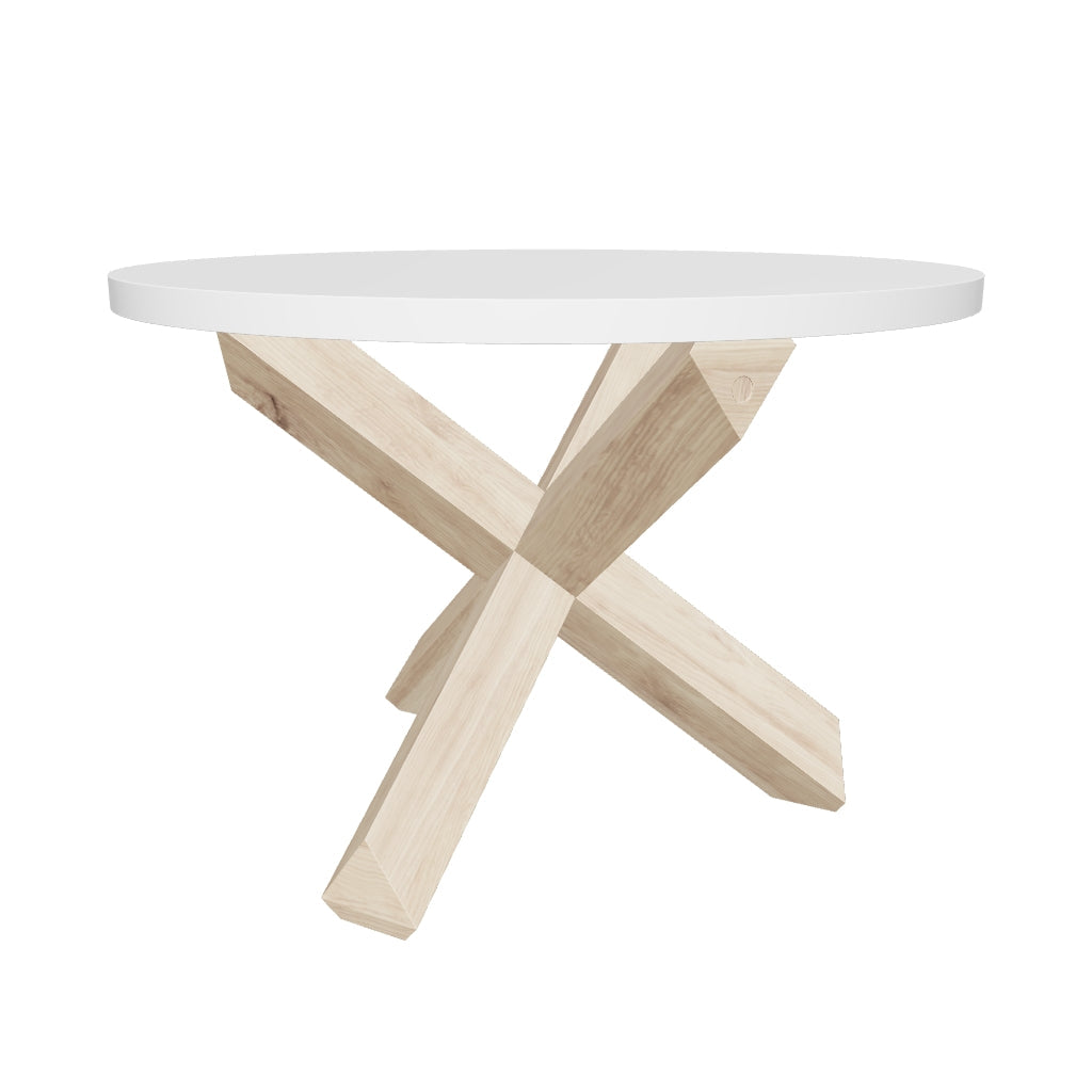 3D-Modell: Eleganter Couchtisch mit weißer MDF-Platte und Eichenbeinen, Ø 65 cm, stilvoll und funktional.