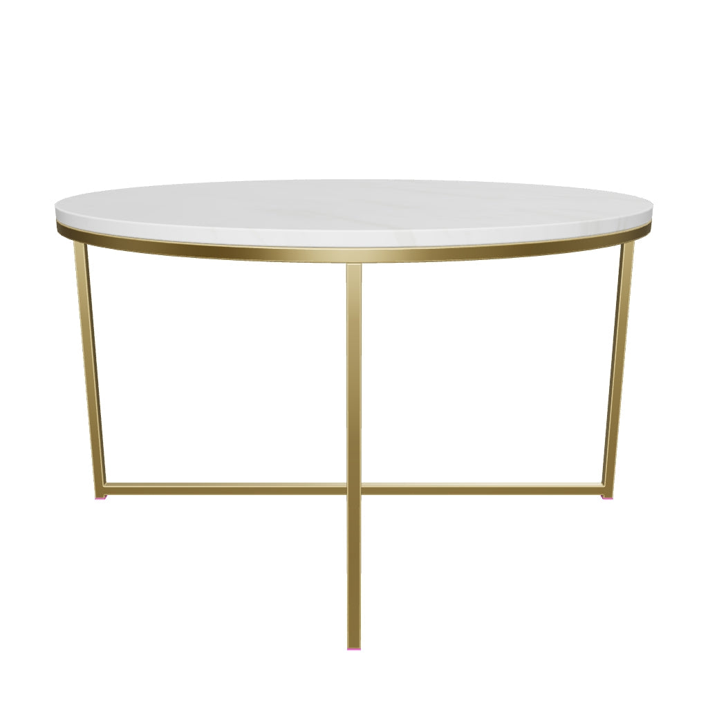 3D-Modell: Sheffield Couchtisch, weißer Marmor, goldene Stahlbeine, Ø 80 cm. Luxuriöses, zeitloses Design für AR.