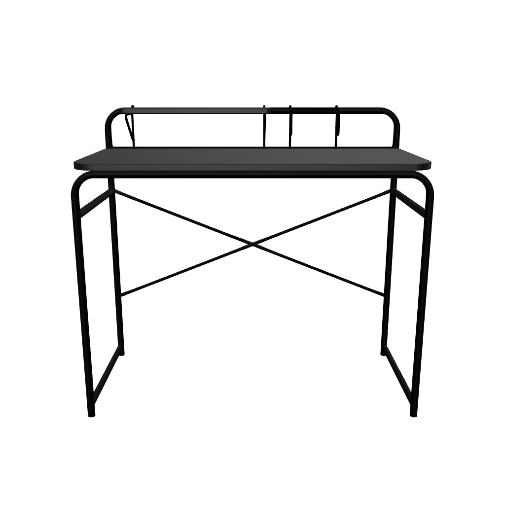 3D-Modell: Foreman Tisch, 98x46 cm, schwarze Melaminplatte, Stahlbeine, Stauraum. Perfekt für modernes Home Office.