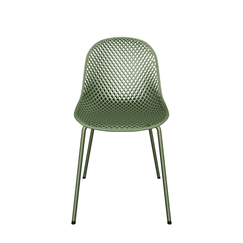 Moderner Outdoor-Stuhl mit robusten grünen Stahlbeinen und wetterfestem Design, ideal für Terrassen und Balkone.