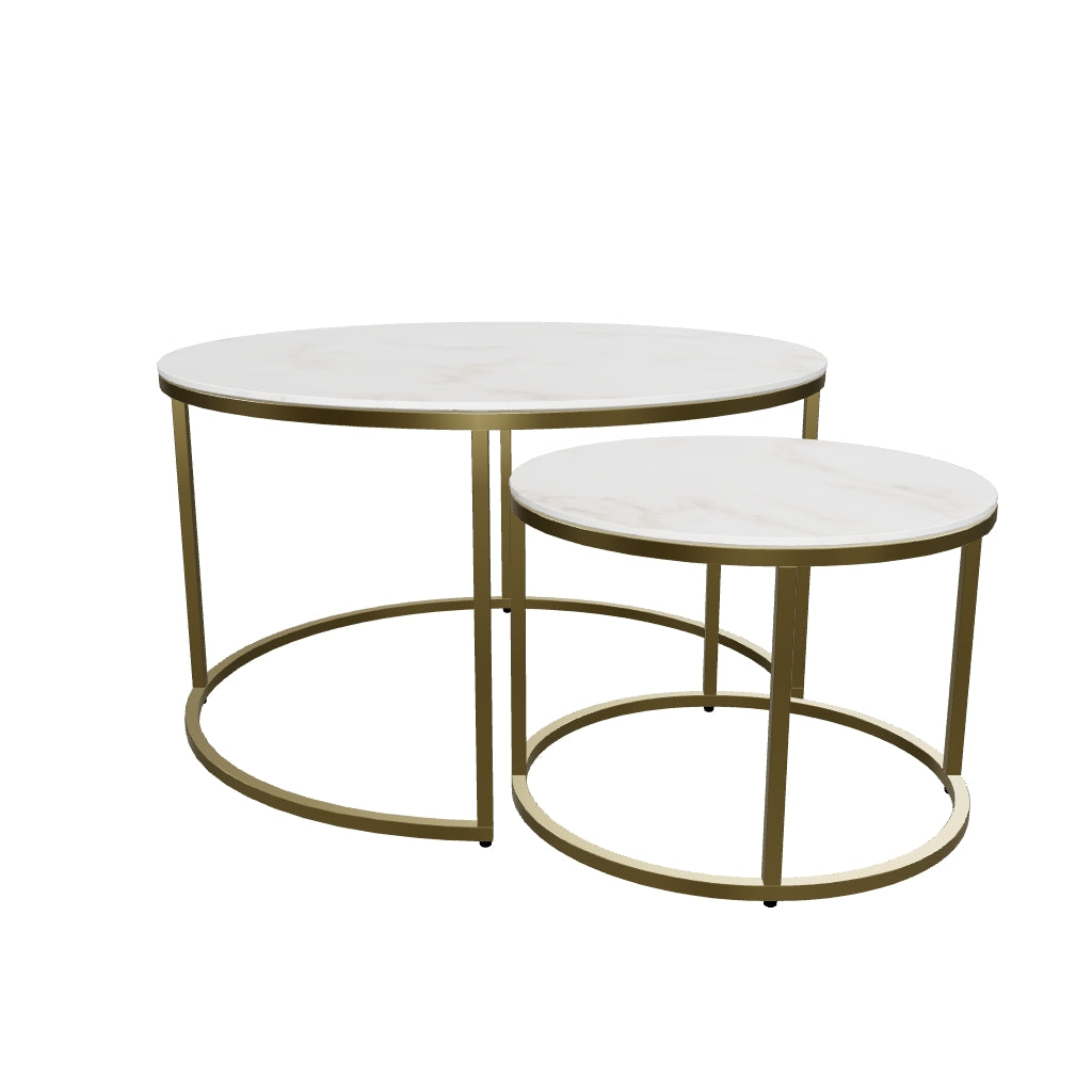 Zwei elegante Beistelltische aus weißem Glas mit Marmoreffekt, goldene Stahlkonstruktion, Ø 80/50 cm, platzsparend.