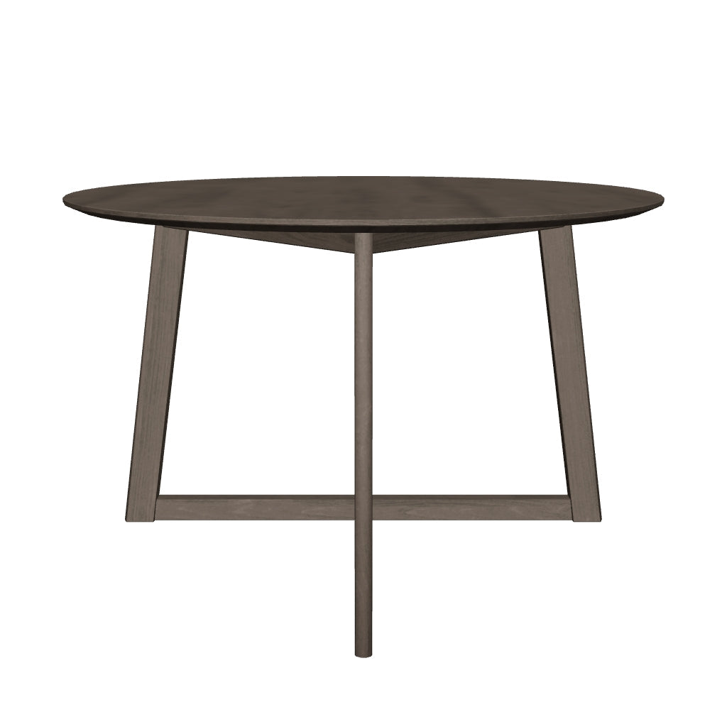 Runder, ausziehbarer Tisch mit Eschenfurnier-Oberfläche und stabilen Beinen aus Kautschukholz, vielseitig einsetzbar und platzsparend im Design.
